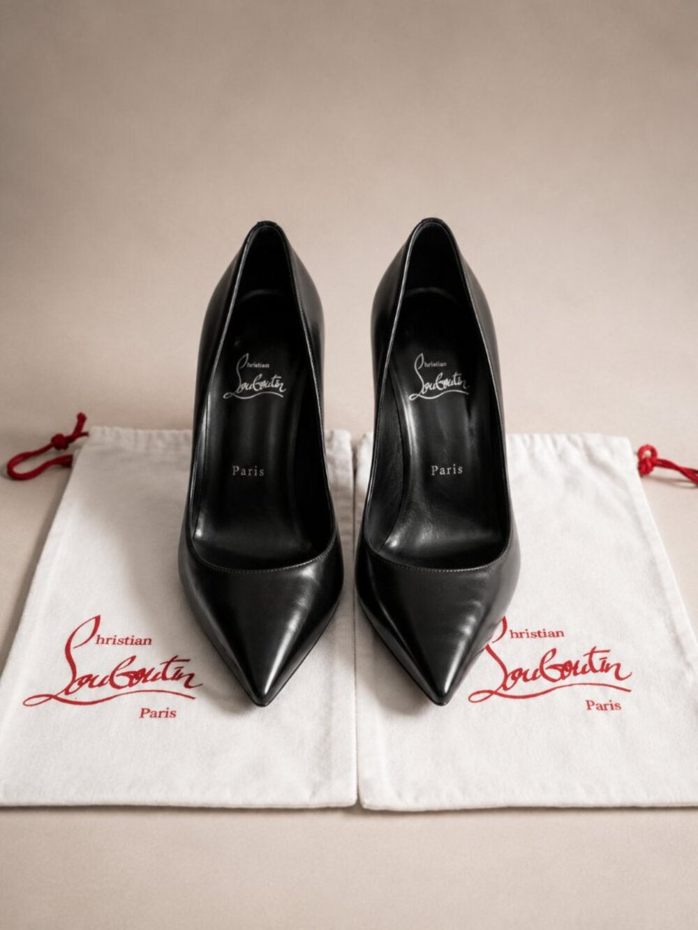 Christian Louboutin Black Leather Pointed Toe Heels Red Sole 38.5